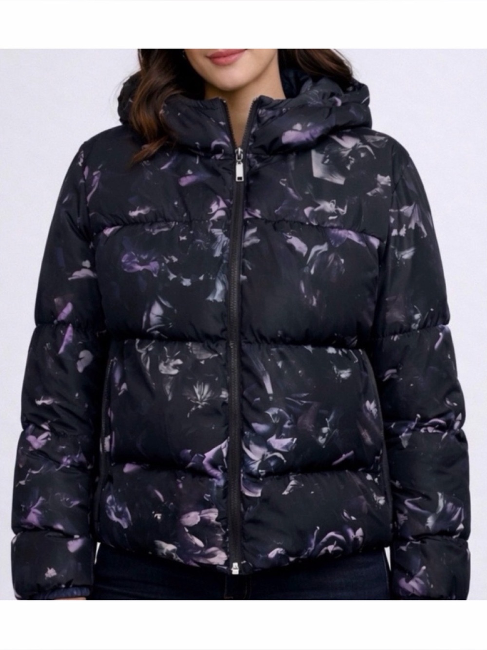 PAUL SMITH • Black/Purple Floral Print Hooded Puffer Jacket, M